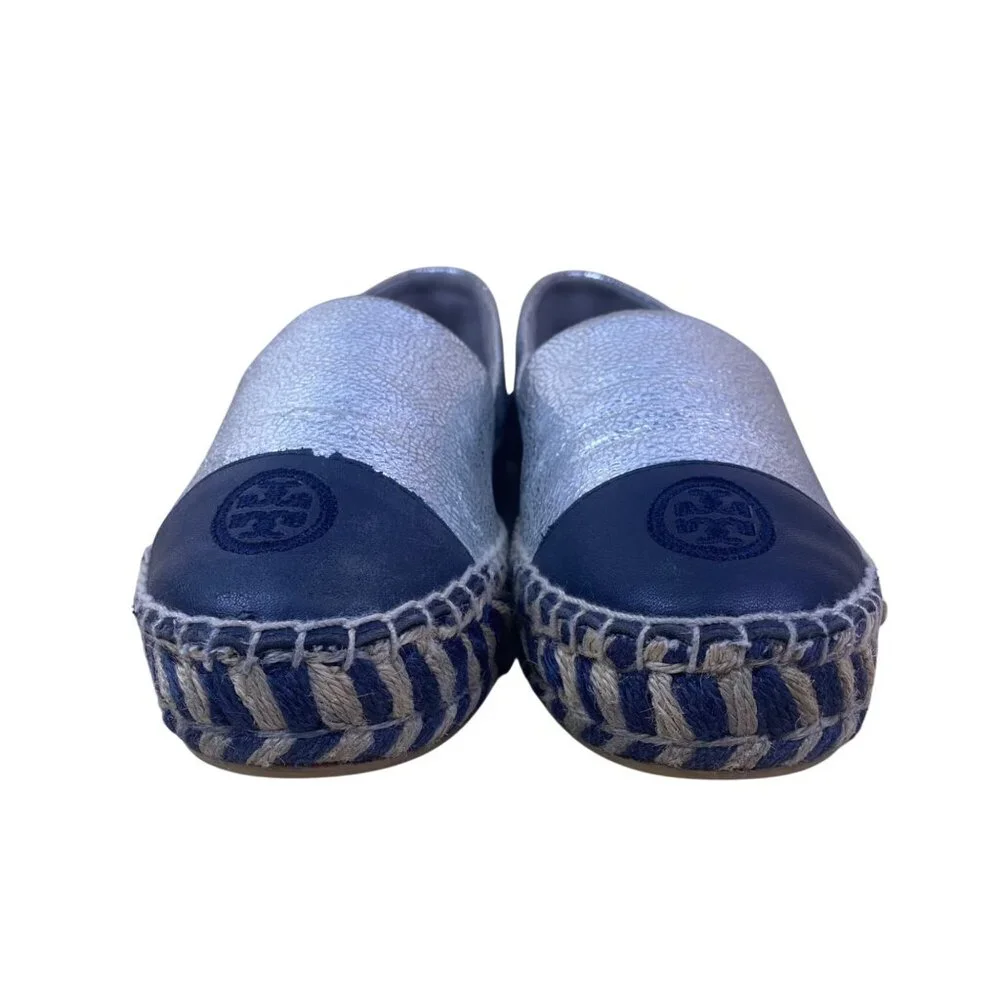 Tory Burch Silver Metallic and Navy Espadrille Flats